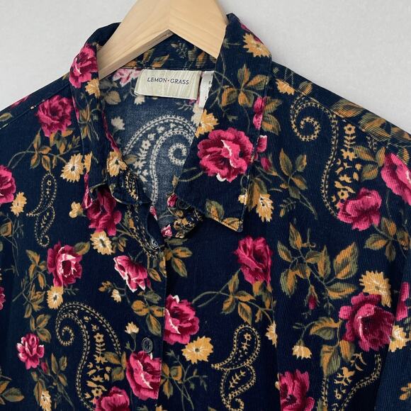 LEMON GRASS Shirt XL Corduroy Floral Paisley Button Up Long Sleeve Cotton Blue - Picture 1 of 12